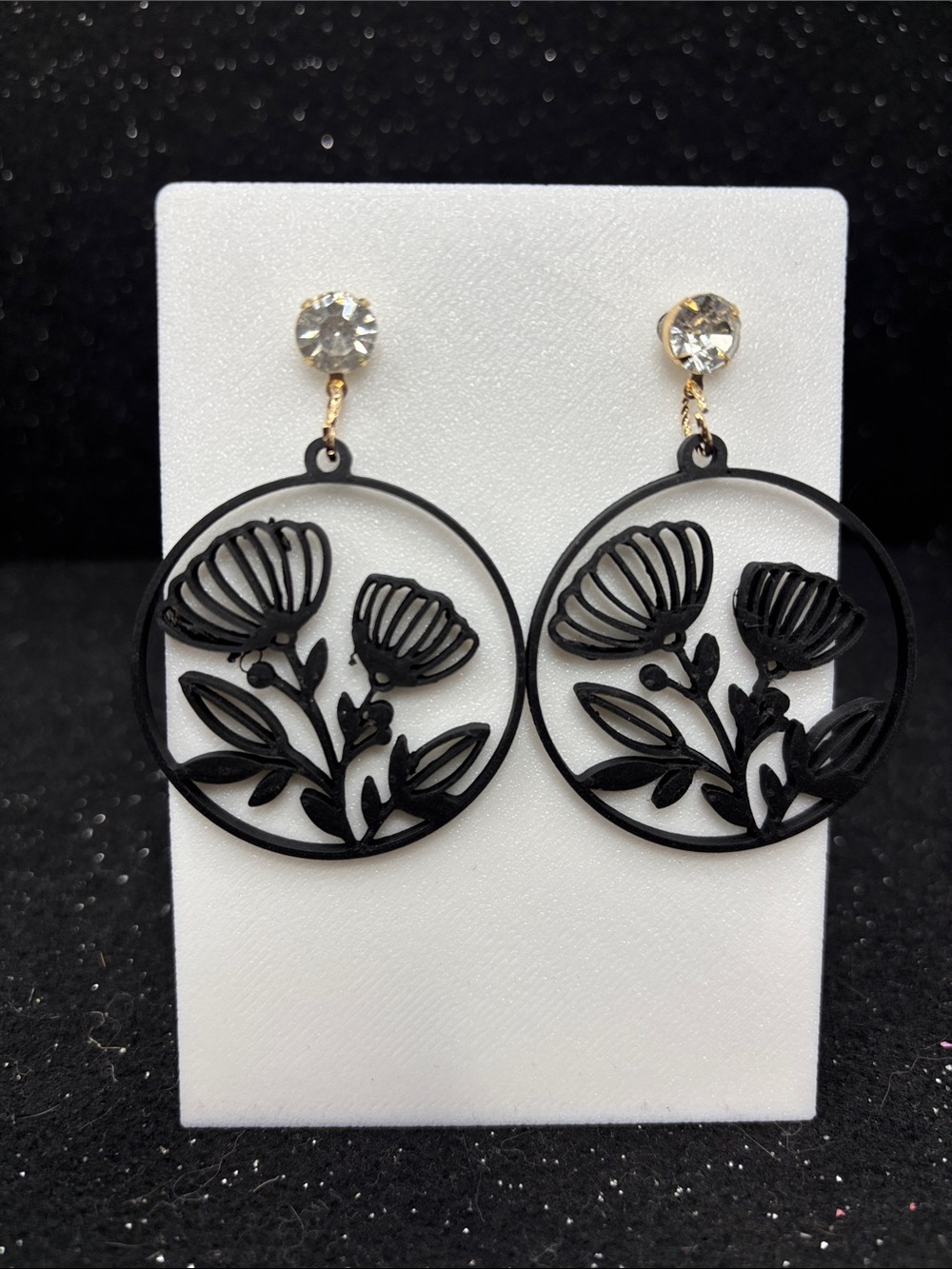 Black Botanical Hoop Earrings with Crystal Studs
